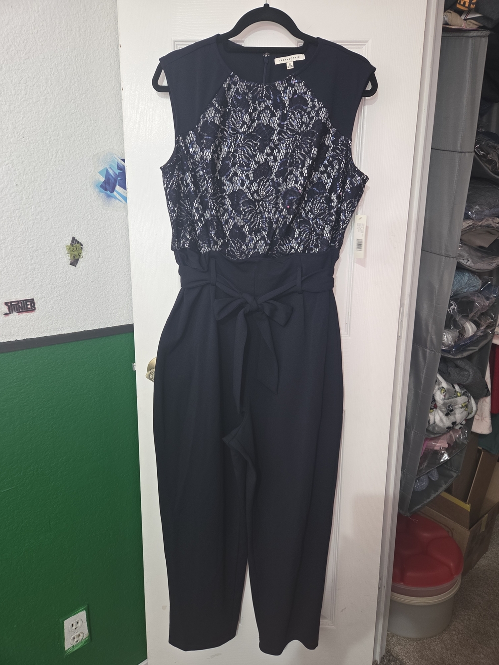 NWT Sleeveless Navy Silver Sequin Lace Bodice Jumpsuit with Waist Tie, Size 16
